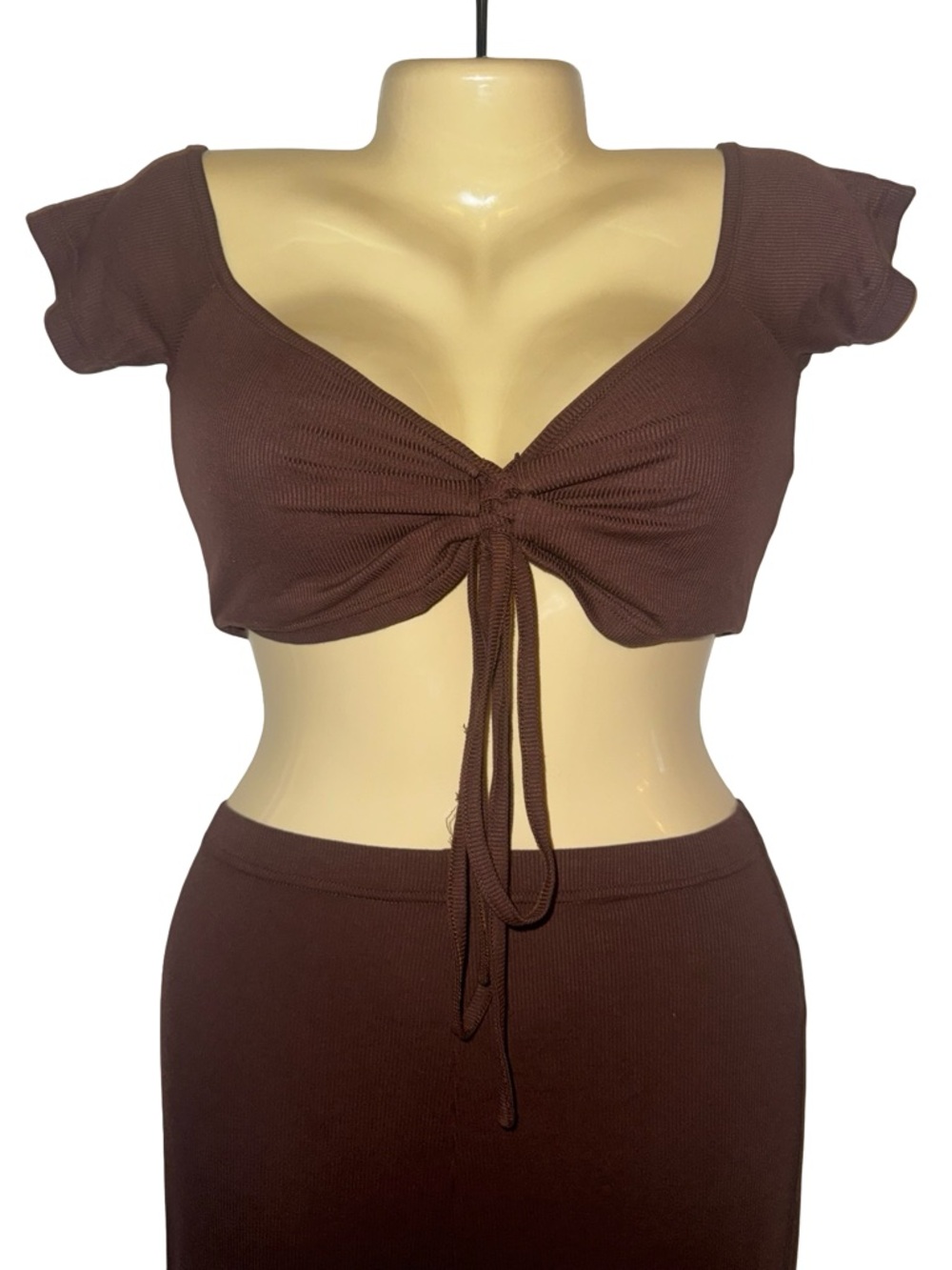 Brown Ribbed Tie-Front Crop Top and pants two piece set